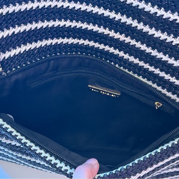 Chic Black and White Striped Straw Clutch with Gold Chain Shoulder Strap - Picture 4 of 9